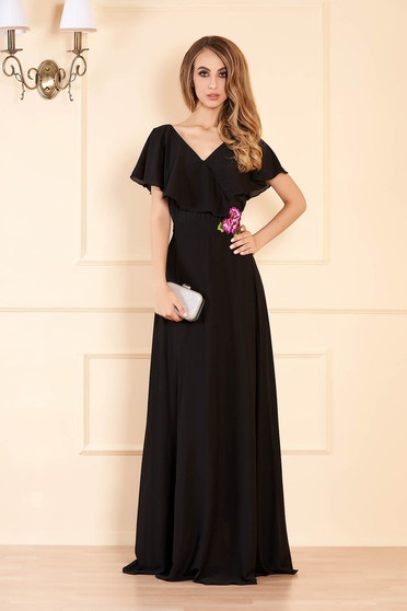 StarShinerS black dress occasional long from veil fabric with deep cleavage frilly trim around cleavage line