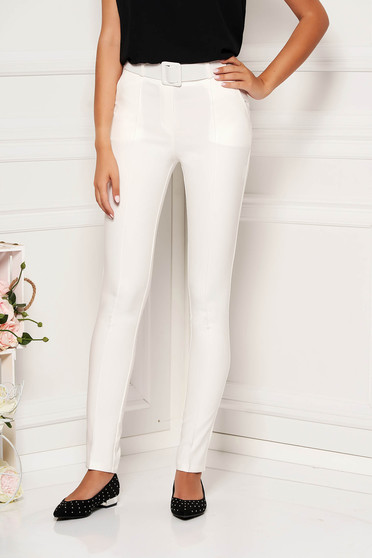 White trousers elegant conical medium waist accessorized with belt