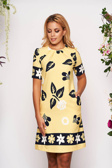 Yellow short cut daily dress a-line short sleeves with pockets