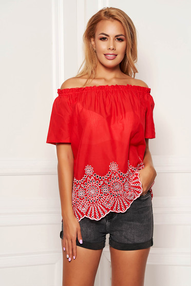 Red women`s blouse casual cotton flared short sleeves on the shoulders