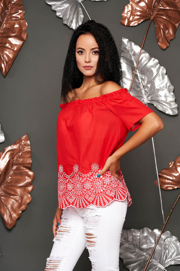 Red women`s blouse casual cotton flared short sleeves on the shoulders