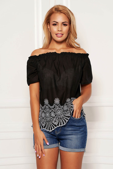Black women`s blouse casual cotton flared short sleeves on the shoulders