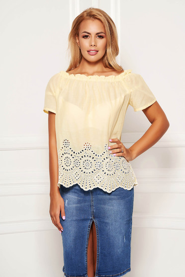 Yellow women`s blouse casual cotton flared short sleeves on the shoulders