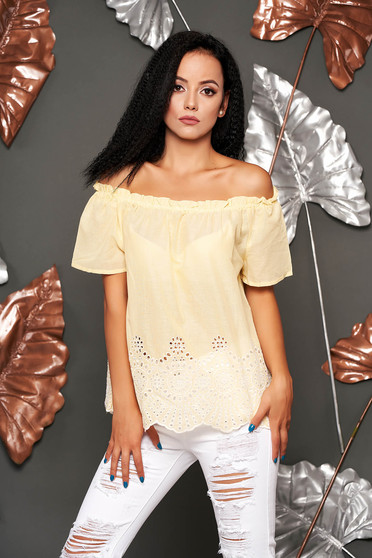 Yellow women`s blouse casual cotton flared short sleeves on the shoulders