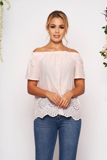 Lightpink women`s blouse casual cotton flared short sleeves on the shoulders