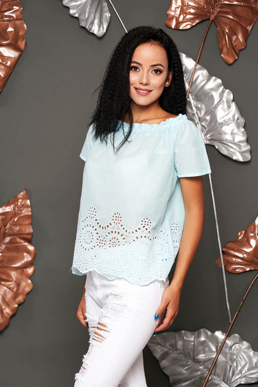 Lightblue women`s blouse casual cotton flared short sleeves on the shoulders