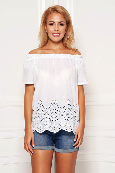 White women`s blouse casual cotton flared short sleeves on the shoulders