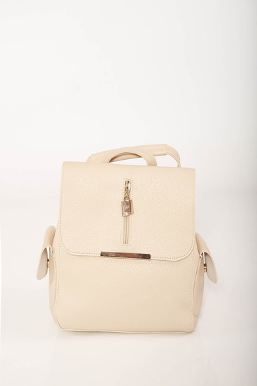 Casual cream backpacks from faux leather with lateral pockets and adjustable straps