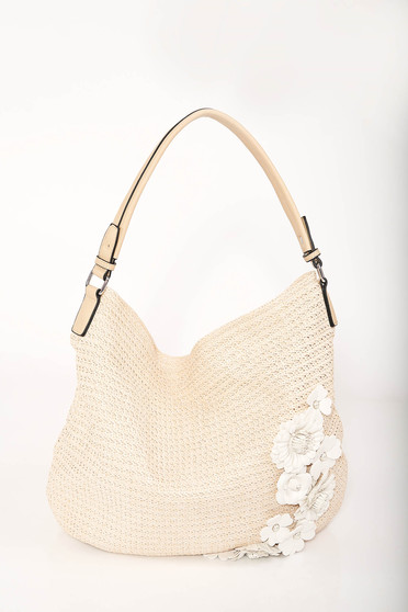 Nude casual beach wear bag with floral details and zipper fastening