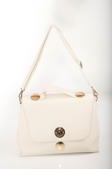 Ivory elegant bag from faux leather with golden metallic details and dettachable shoulder strap