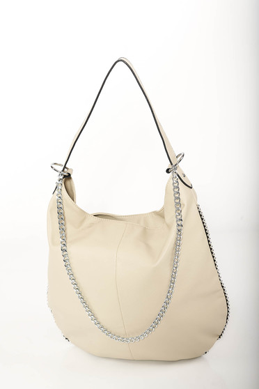 Cream casual bag from ecological leather metallic chain accessory