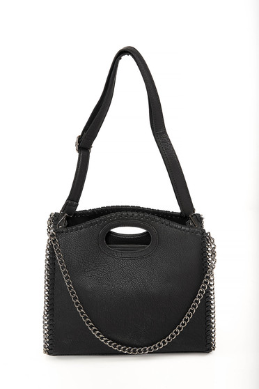 Black bag casual faux leather short handles dettachable shoulder strap