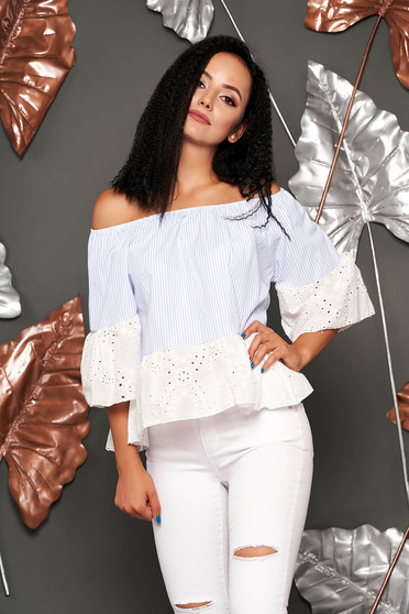 Lightblue women`s blouse casual short cut cotton with bell sleeve naked shoulders