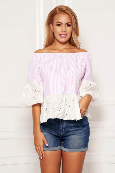 Lightpink women`s blouse casual short cut cotton with bell sleeve naked shoulders