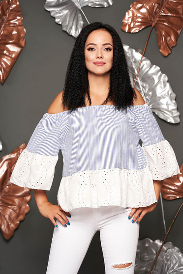 Darkblue women`s blouse casual short cut cotton with bell sleeve naked shoulders