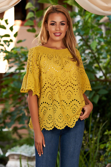 Mustard women`s blouse casual cotton flared naked shoulders with bell sleeve