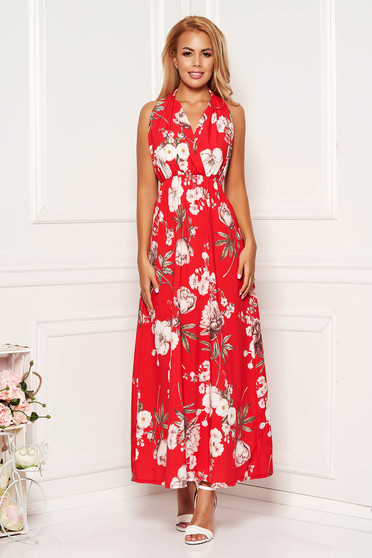 Red dress daily cloche sleeveless with elastic waist bare back with floral print