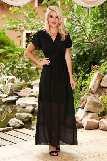 Black dress daily maxi dresses from veil fabric with deep cleavage frilly trim around cleavage line