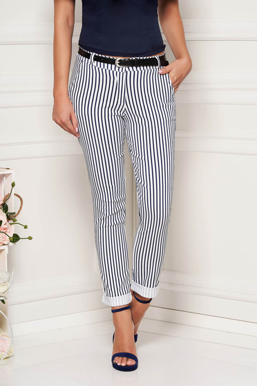 White trousers casual long conical with stripes with front pockets accessorized with belt