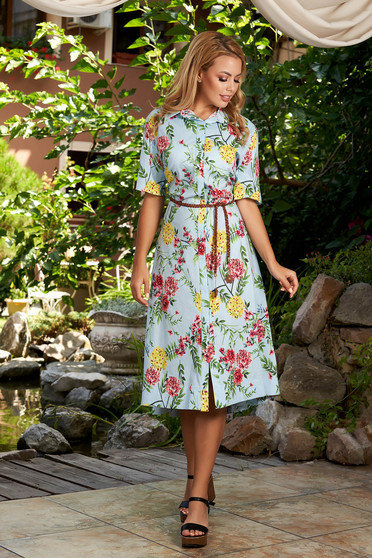 Lightblue dress daily midi cloche with pockets short sleeves with floral print