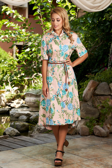 Lightpink dress daily midi cloche with pockets short sleeves with floral print