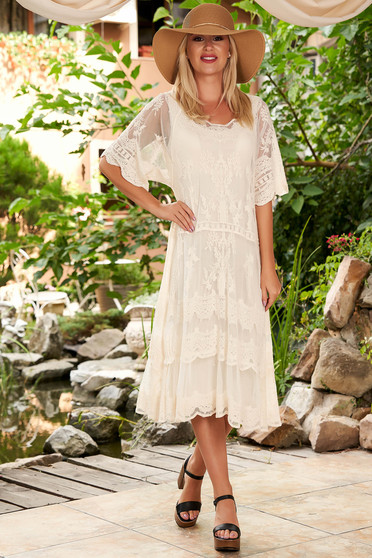Cream dress casual beach wear short sleeves flared laced midi