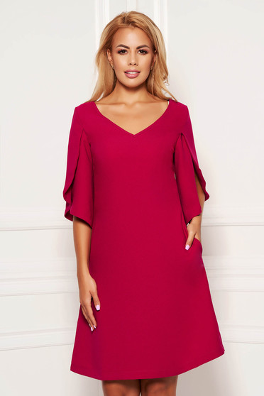 Short cut elegant fuchsia dress straight with pockets with v-neckline with cut-out sleeves