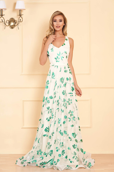 Green dress occasional long from tulle with floral print with push-up cups
