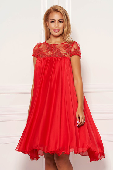 Red dress short cut cloche daily airy fabric short transparent sleeves