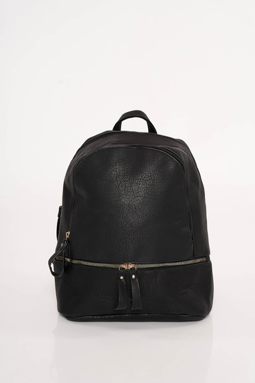 Black casual backpacks from ecological leather adjustable straps with zipper