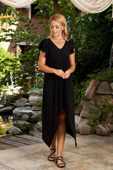 StarShinerS black dress daily asymmetrical midi flared with v-neckline with ruffled sleeves