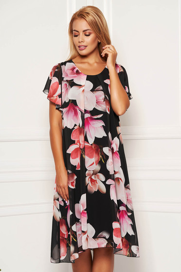 Darkgrey dress daily midi from veil fabric with rounded cleavage with butterfly sleeves with floral print
