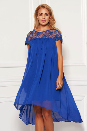 Blue dress elegant daily short cut flared from veil fabric short sleeves neckline