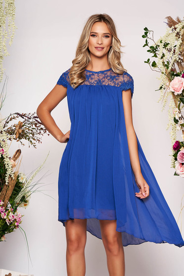 Blue dress elegant daily short cut flared from veil fabric short sleeves neckline