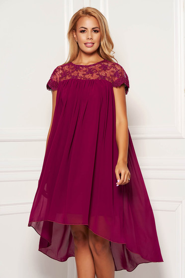 Purple dress elegant daily short cut flared from veil fabric short sleeves neckline