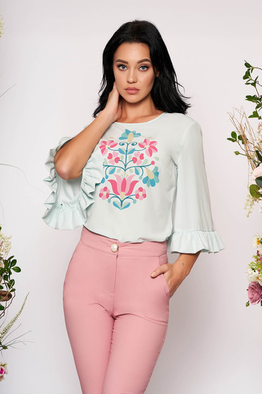 StarShinerS mint women`s blouse elegant flared with floral print with ruffled sleeves