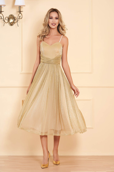 Gold dress occasional midi cloche with straps from veil fabric with push-up bra
