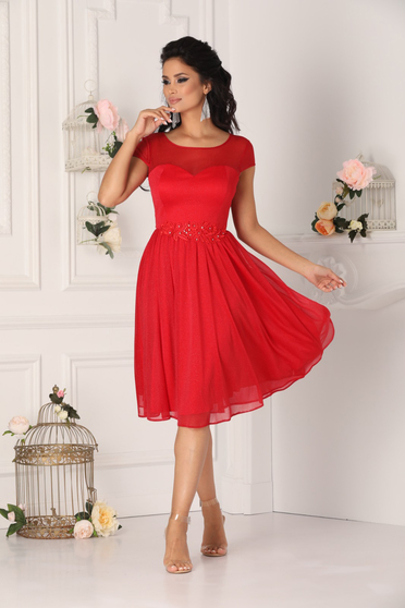 Red dress occasional midi cloche with embroidery details with glitter details from tulle