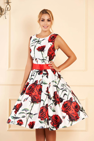 White occasional cloche dress from satin with floral print accessorized with tied waistband