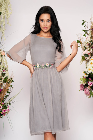 StarShinerS grey dress occasional midi cloche from veil fabric with 3/4 sleeves transparent sleeves detachable cord