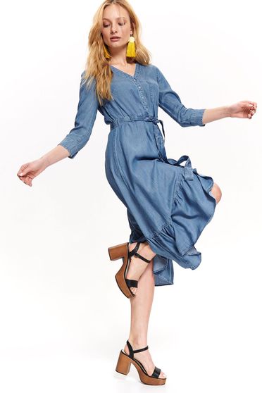 Blue dress casual midi denim with v-neckline wrap over skirt detachable cord
