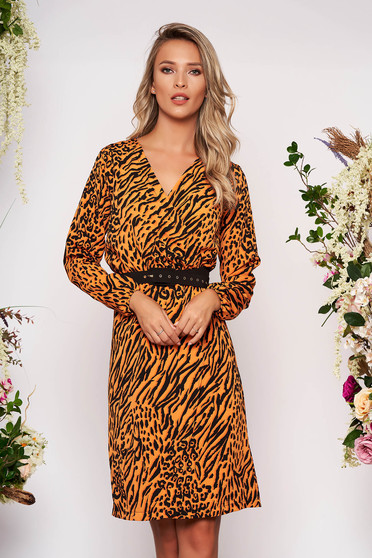 StarShinerS orange dress elegant midi with v-neckline wrap over front with elastic waist long sleeved accessorized with belt straight