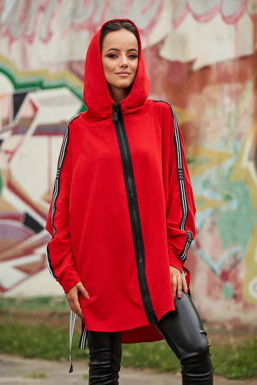 Red coat casual cotton with undetachable hood zipper fastening