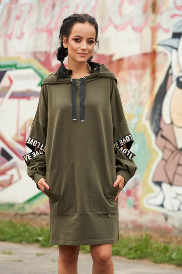 Khaki dress casual flared cotton short cut with undetachable hood with front pockets