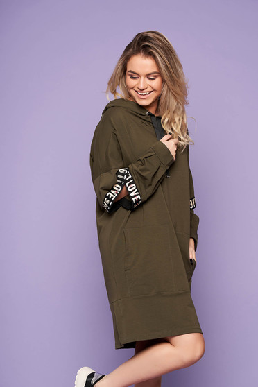 Khaki dress casual flared cotton short cut with undetachable hood with front pockets