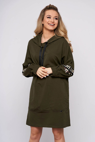 Khaki dress casual flared cotton short cut with undetachable hood with front pockets