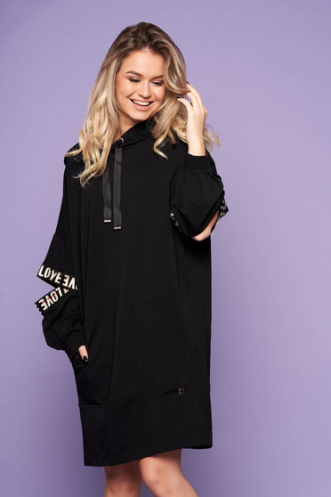 Black dress casual flared cotton short cut with undetachable hood with front pockets