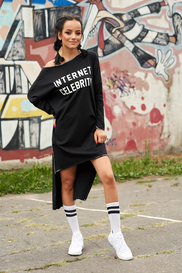 Black dress casual flared asymmetrical cotton one shoulder long sleeved