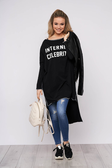 Black dress casual flared asymmetrical cotton one shoulder long sleeved