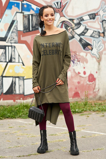 Khaki dress casual flared asymmetrical cotton one shoulder long sleeved